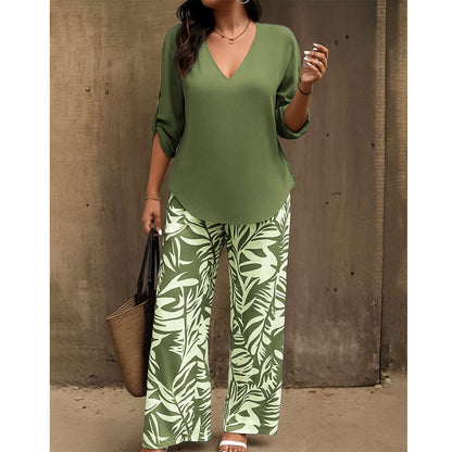 👔🌸 PROMO -50% ! Ensemble Femme Chemisier V & Pantalon Large Imprimé Feuilles – 2 Pièces, Tissu Léger (6 Couleurs, S-3XL)