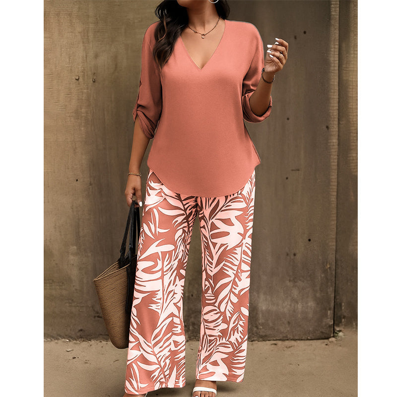 👔🌸 PROMO -50% ! Ensemble Femme Chemisier V & Pantalon Large Imprimé Feuilles – 2 Pièces, Tissu Léger (6 Couleurs, S-3XL)