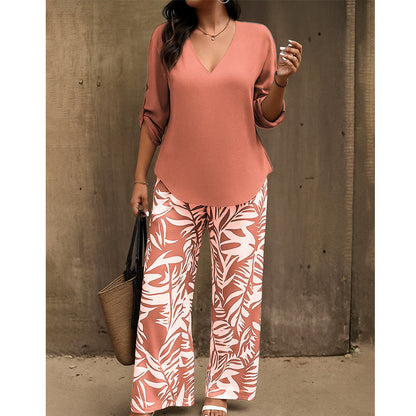 👔🌸 PROMO -50% ! Ensemble Femme Chemisier V & Pantalon Large Imprimé Feuilles – 2 Pièces, Tissu Léger (6 Couleurs, S-3XL)