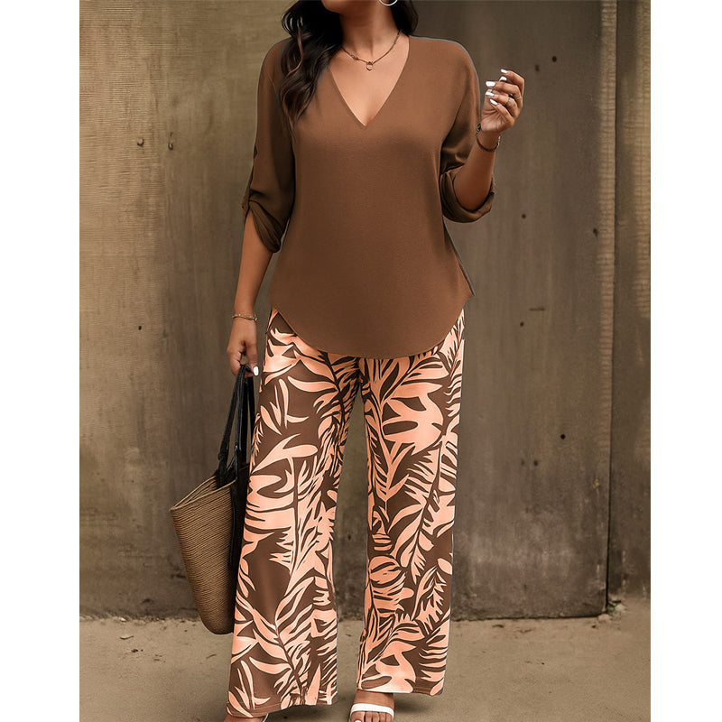 👔🌸 PROMO -50% ! Ensemble Femme Chemisier V & Pantalon Large Imprimé Feuilles – 2 Pièces, Tissu Léger (6 Couleurs, S-3XL)
