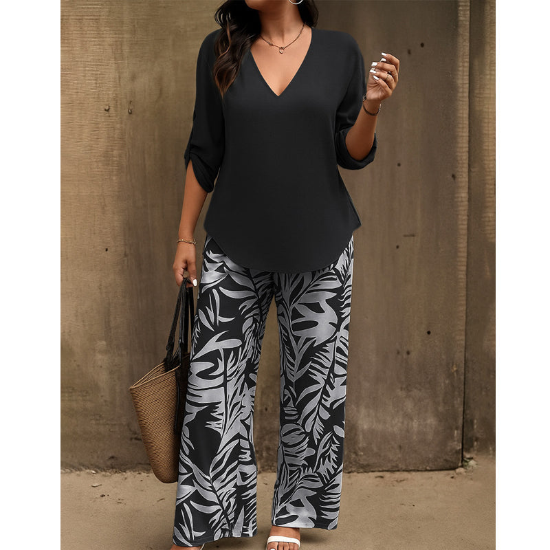 👔🌸 PROMO -50% ! Ensemble Femme Chemisier V & Pantalon Large Imprimé Feuilles – 2 Pièces, Tissu Léger (6 Couleurs, S-3XL)