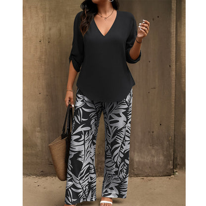 👔🌸 PROMO -50% ! Ensemble Femme Chemisier V & Pantalon Large Imprimé Feuilles – 2 Pièces, Tissu Léger (6 Couleurs, S-3XL)
