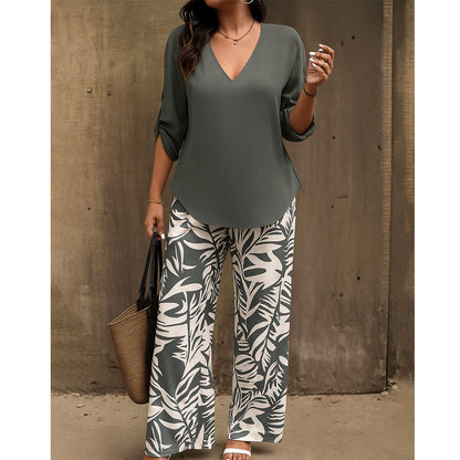 👔🌸 PROMO -50% ! Ensemble Femme Chemisier V & Pantalon Large Imprimé Feuilles – 2 Pièces, Tissu Léger (6 Couleurs, S-3XL)