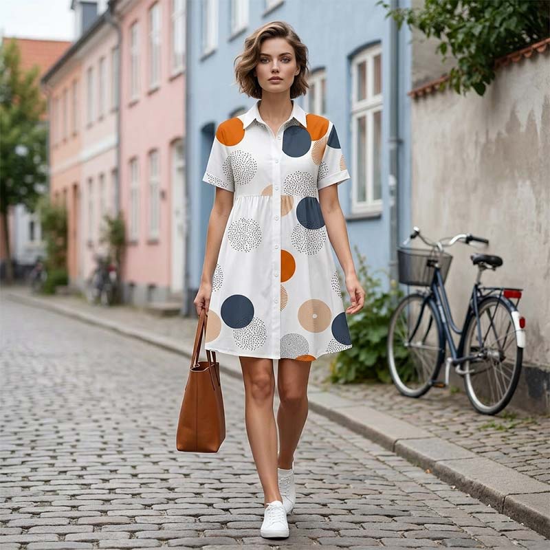 🔥Robe A-line à col et manches courtes pour femme✈️