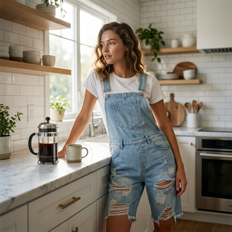 🩳 TIJDELIJKE AANBIEDING: 50% KORTING! 💥 Distressed denim-overallshorts voor dames – gescheurd ontwerp, meerdere zakken, casual ✨