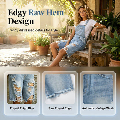 🩳 TIJDELIJKE AANBIEDING: 50% KORTING! 💥 Distressed denim-overallshorts voor dames – gescheurd ontwerp, meerdere zakken, casual ✨