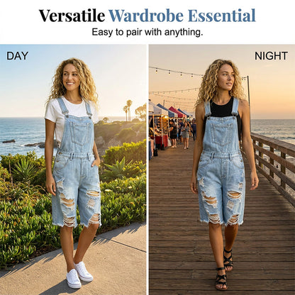 🩳 TIJDELIJKE AANBIEDING: 50% KORTING! 💥 Distressed denim-overallshorts voor dames – gescheurd ontwerp, meerdere zakken, casual ✨