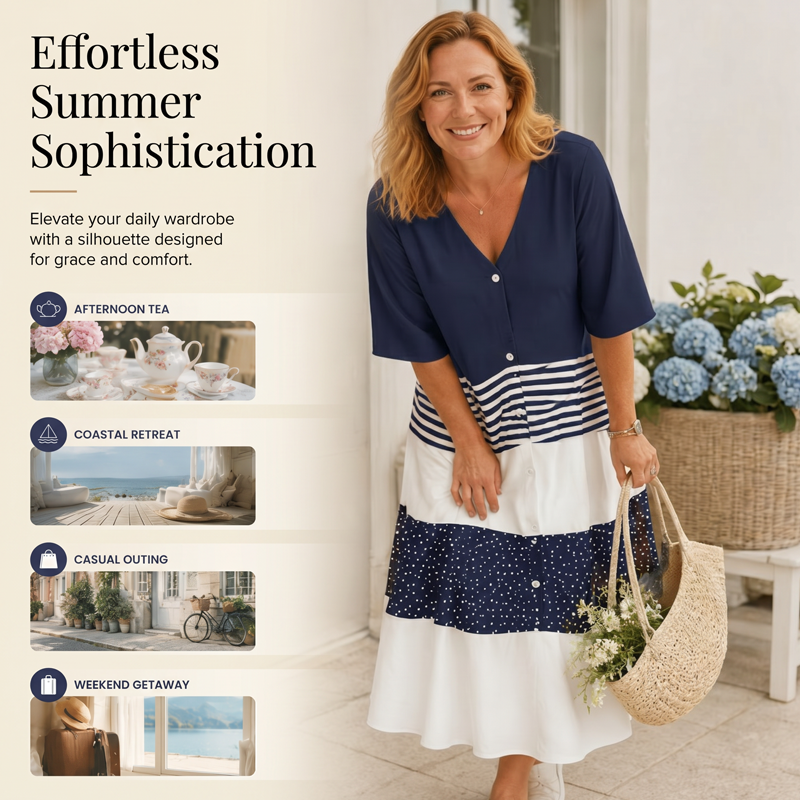 Robe longue d'été à col en V et boutons pour femme