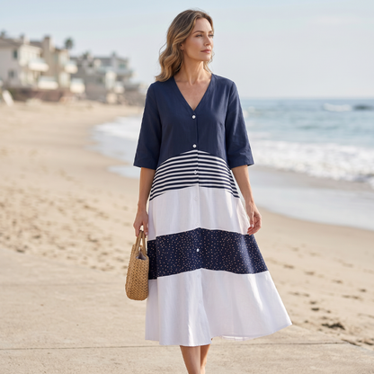 Robe longue d'été à col en V et boutons pour femme