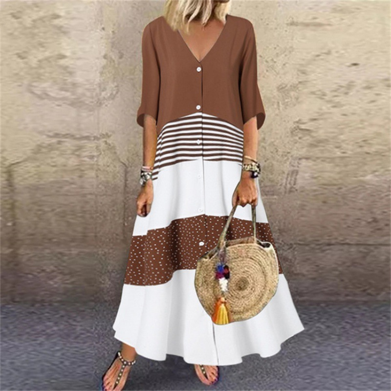 Robe longue d'été à col en V et boutons pour femme