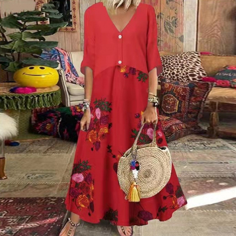 Robe longue d'été à col en V et boutons pour femme