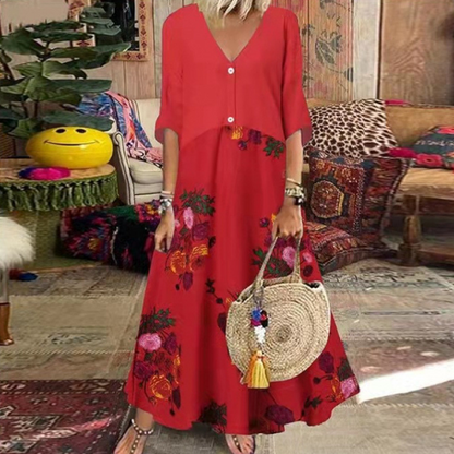 Robe longue d'été à col en V et boutons pour femme