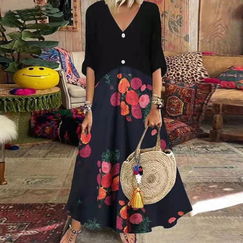 Robe longue d'été à col en V et boutons pour femme