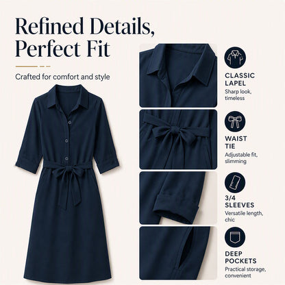 Robe-chemise pour femme à manches 3/4 avec ceinture