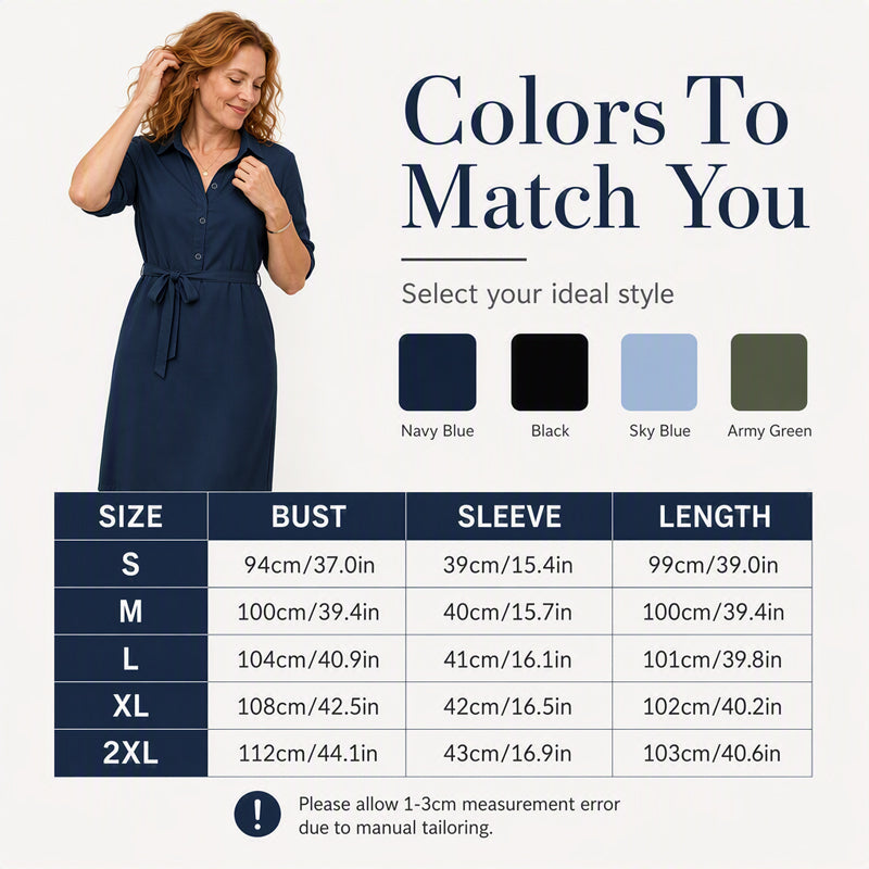 Robe-chemise pour femme à manches 3/4 avec ceinture