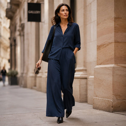Ensemble composé d'un t-shirt à manches longues et d'un pantalon à jambes larges pour femme