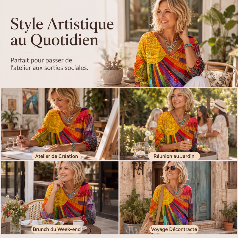 Blouse vintage à col V avec patchwork pour femmes