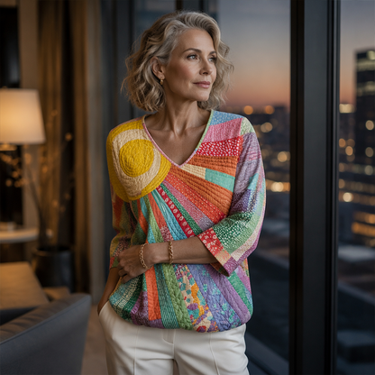 Blouse vintage à col V avec patchwork pour femmes