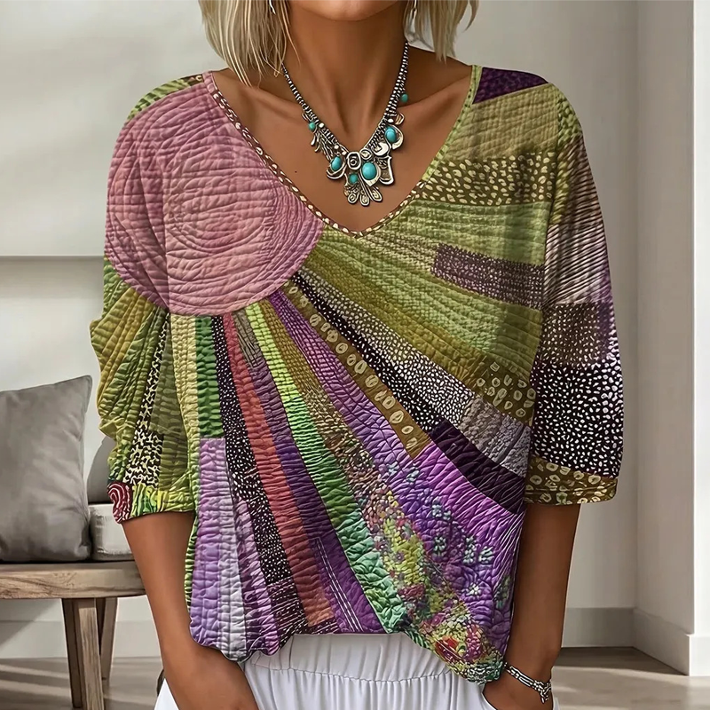 Blouse vintage à col V avec patchwork pour femmes