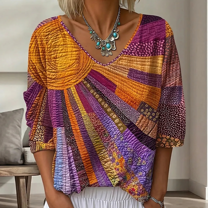 Blouse vintage à col V avec patchwork pour femmes