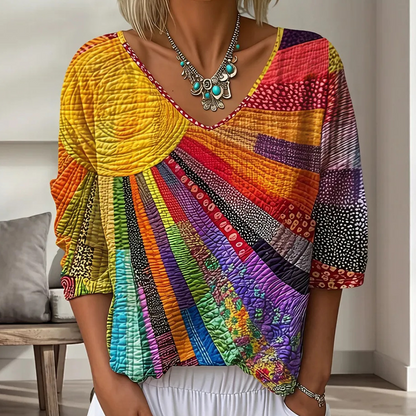 Blouse vintage à col V avec patchwork pour femmes