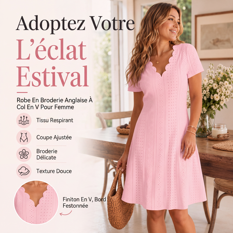 🌷 Robe élégante en broderie anglaise, décolleté ondulé 🤍 Robe midi évasée manches courtes, tissu léger convenant aux sorties quotidiennes