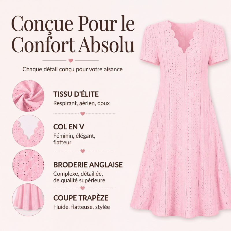 🌷 Robe élégante en broderie anglaise, décolleté ondulé 🤍 Robe midi évasée manches courtes, tissu léger convenant aux sorties quotidiennes