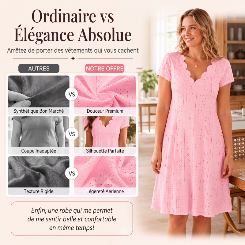 🌷 Robe élégante en broderie anglaise, décolleté ondulé 🤍 Robe midi évasée manches courtes, tissu léger convenant aux sorties quotidiennes