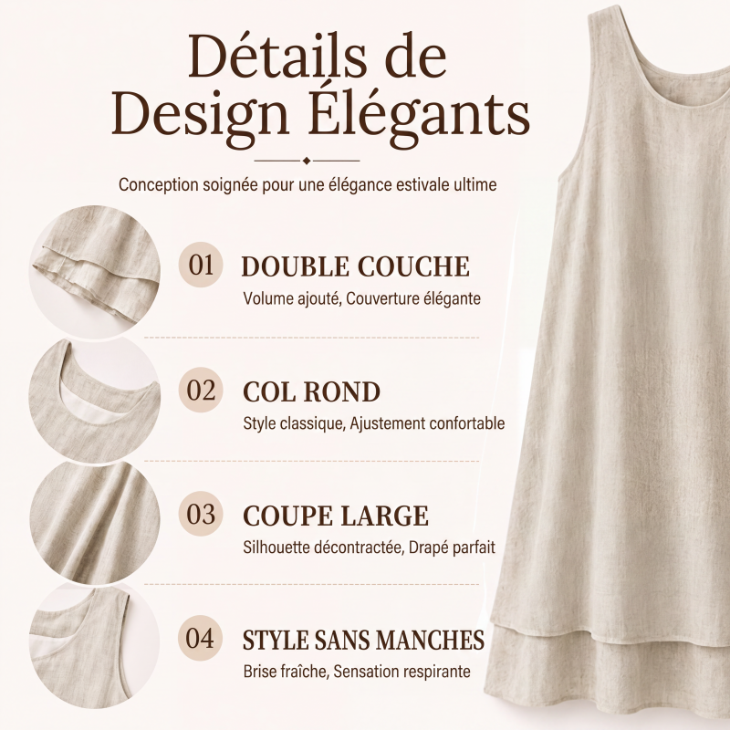 🔥 Robe femme deux couches sans manches, coupe fluide confortable🌿 Robe superposition à volant, tissu léger, style décontracté et naturel