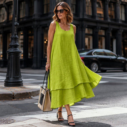 🔥 Robe femme deux couches sans manches, coupe fluide confortable🌿 Robe superposition à volant, tissu léger, style décontracté et naturel