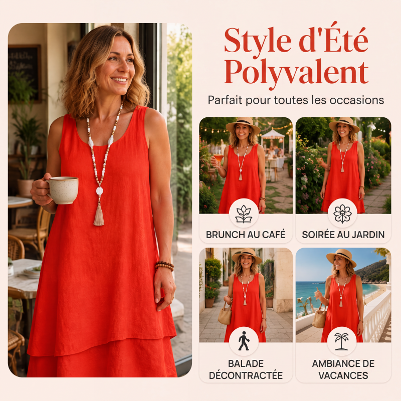 🔥 Robe femme deux couches sans manches, coupe fluide confortable🌿 Robe superposition à volant, tissu léger, style décontracté et naturel