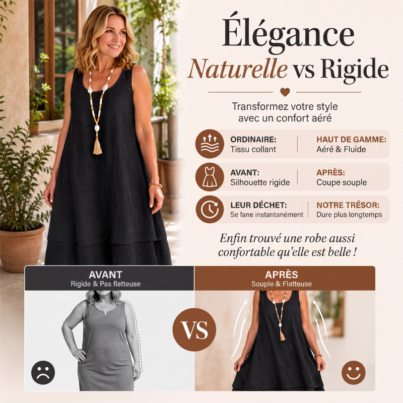 🔥 Robe femme deux couches sans manches, coupe fluide confortable🌿 Robe superposition à volant, tissu léger, style décontracté et naturel
