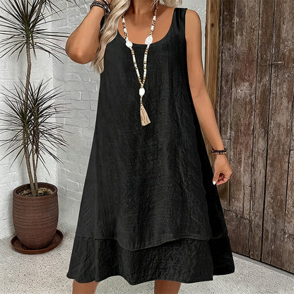 🔥 Robe femme deux couches sans manches, coupe fluide confortable🌿 Robe superposition à volant, tissu léger, style décontracté et naturel
