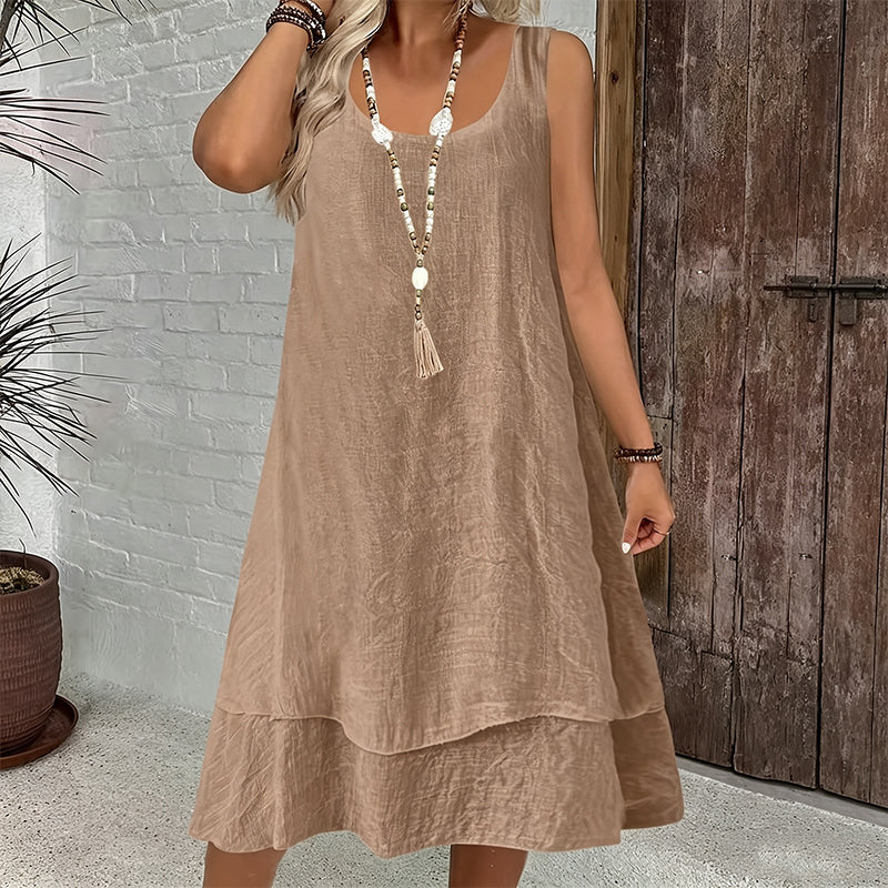 🔥 Robe femme deux couches sans manches, coupe fluide confortable🌿 Robe superposition à volant, tissu léger, style décontracté et naturel