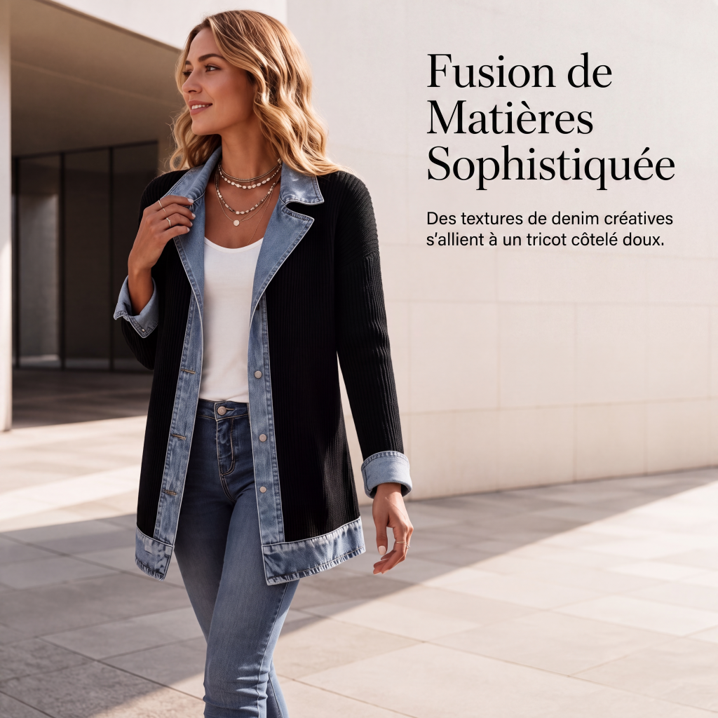 Manteau en maille côtelée élégant pour femme avec empiècements en jean