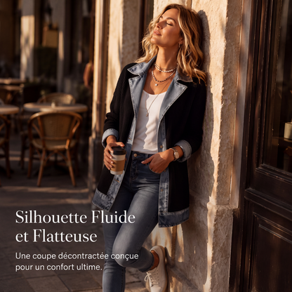 Manteau en maille côtelée élégant pour femme avec empiècements en jean