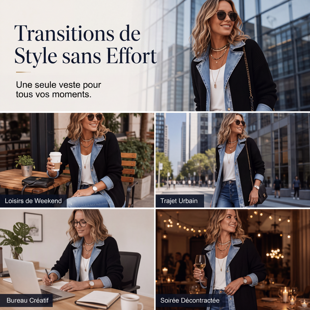 Manteau en maille côtelée élégant pour femme avec empiècements en jean