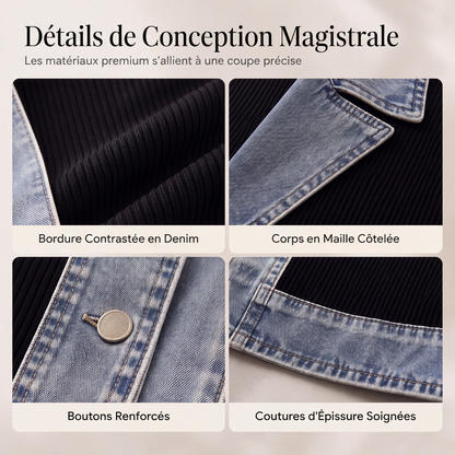 Manteau en maille côtelée élégant pour femme avec empiècements en jean