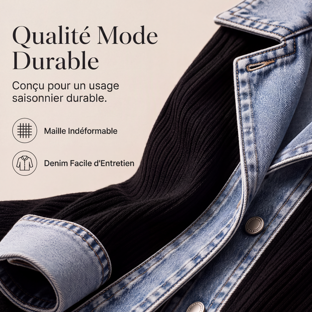 Manteau en maille côtelée élégant pour femme avec empiècements en jean