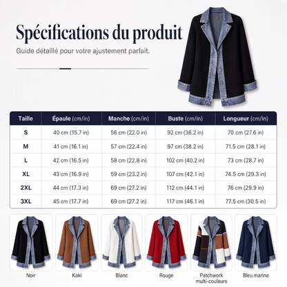 Manteau en maille côtelée élégant pour femme avec empiècements en jean