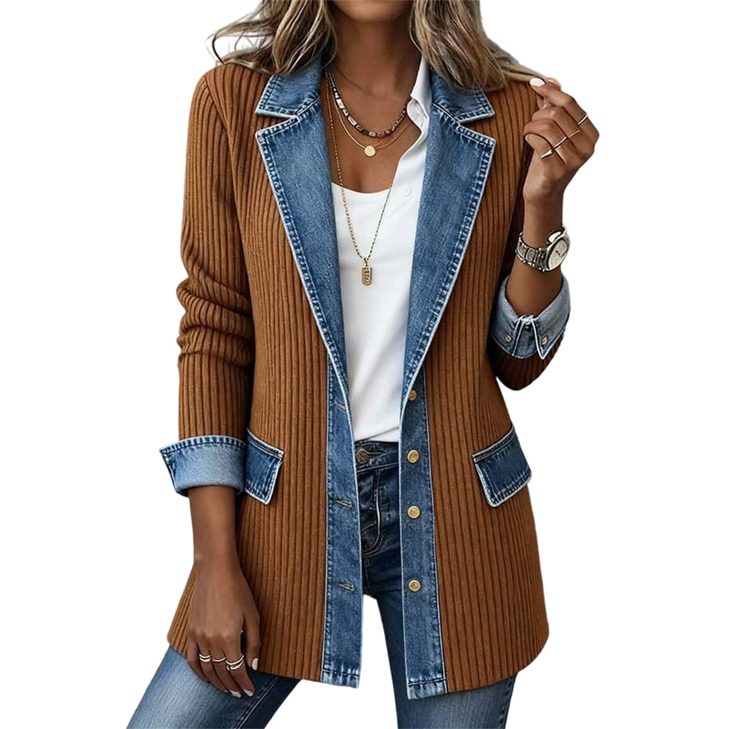 Manteau en maille côtelée élégant pour femme avec empiècements en jean