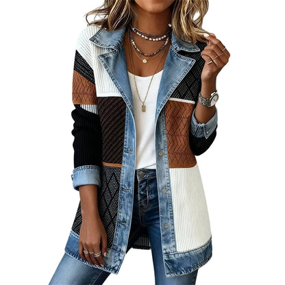 Manteau en maille côtelée élégant pour femme avec empiècements en jean