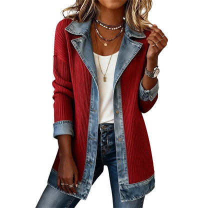 Manteau en maille côtelée élégant pour femme avec empiècements en jean