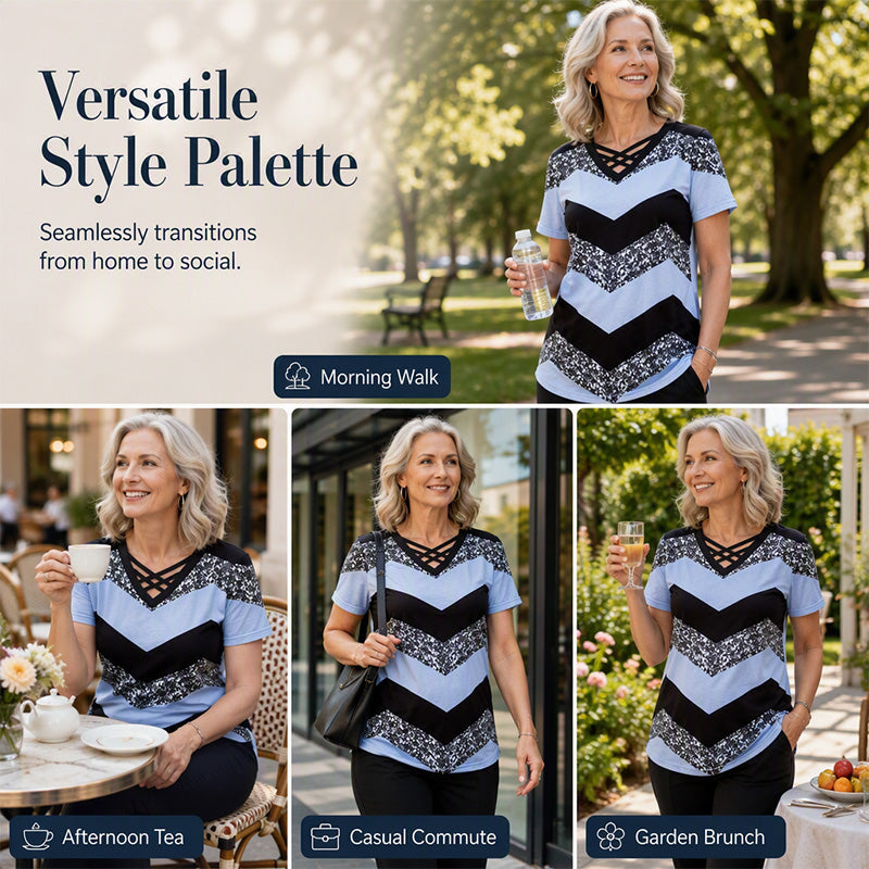 Dames T-shirt met gekruiste bandjes, V-hals en strepen – casual T-shirt met korte mouwen