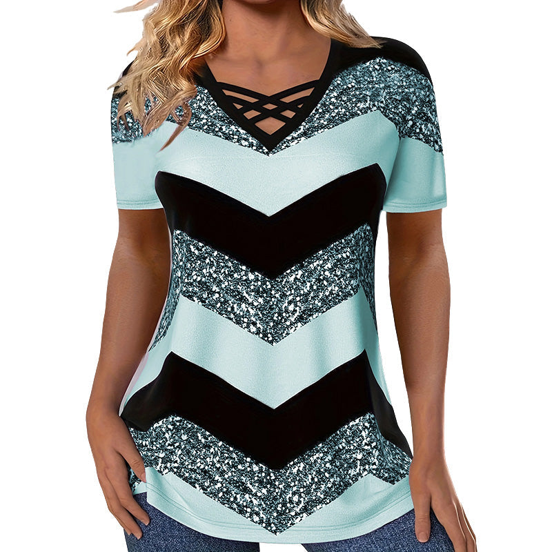 Dames T-shirt met gekruiste bandjes, V-hals en strepen – casual T-shirt met korte mouwen