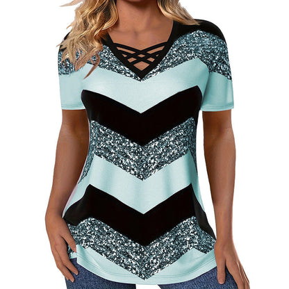 Dames T-shirt met gekruiste bandjes, V-hals en strepen – casual T-shirt met korte mouwen