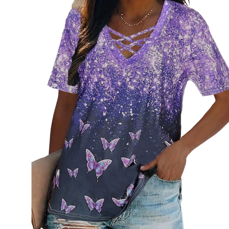 Dames T-shirt met gekruiste bandjes, V-hals en strepen – casual T-shirt met korte mouwen