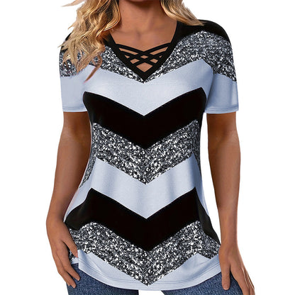 Dames T-shirt met gekruiste bandjes, V-hals en strepen – casual T-shirt met korte mouwen
