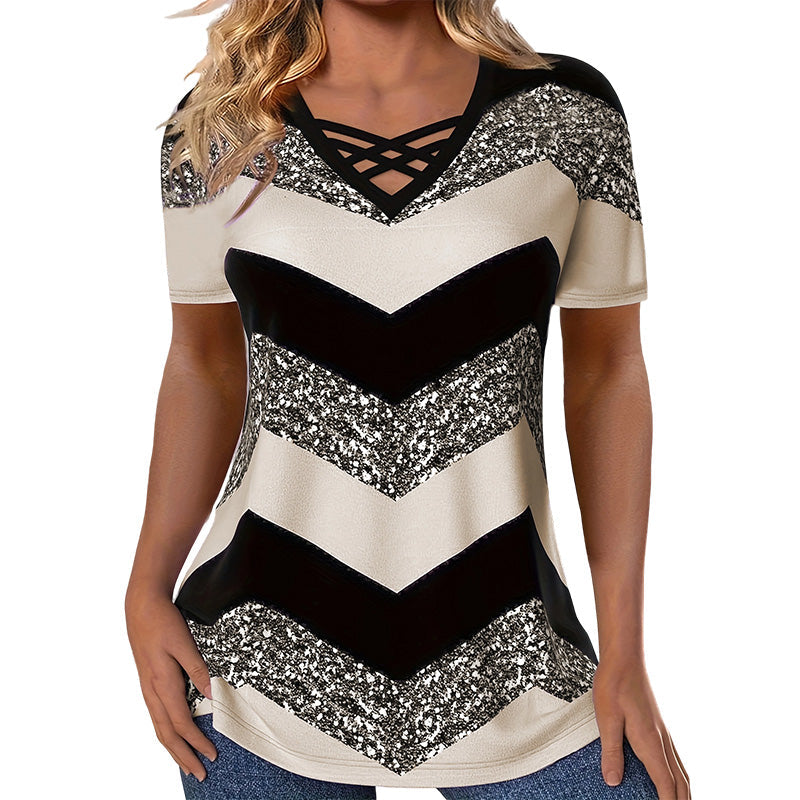 Dames T-shirt met gekruiste bandjes, V-hals en strepen – casual T-shirt met korte mouwen