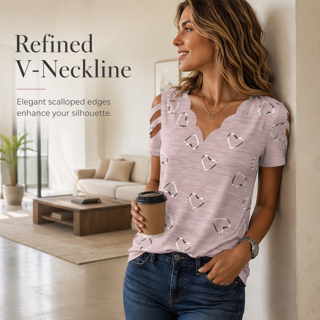 T-shirt femme à col en V festonné et imprimé cœurs